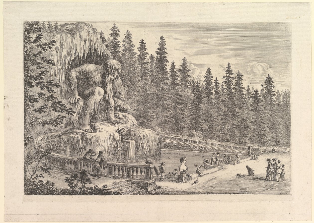Giambologna द्वारा अपेनिनो की कोलोसल प्रतिमा को बाईं ओर, एक विशाल क्राउची के रूप में दर्शाया गया ..., ca. 1653। द्वारा स्टेफानो डेला बेला