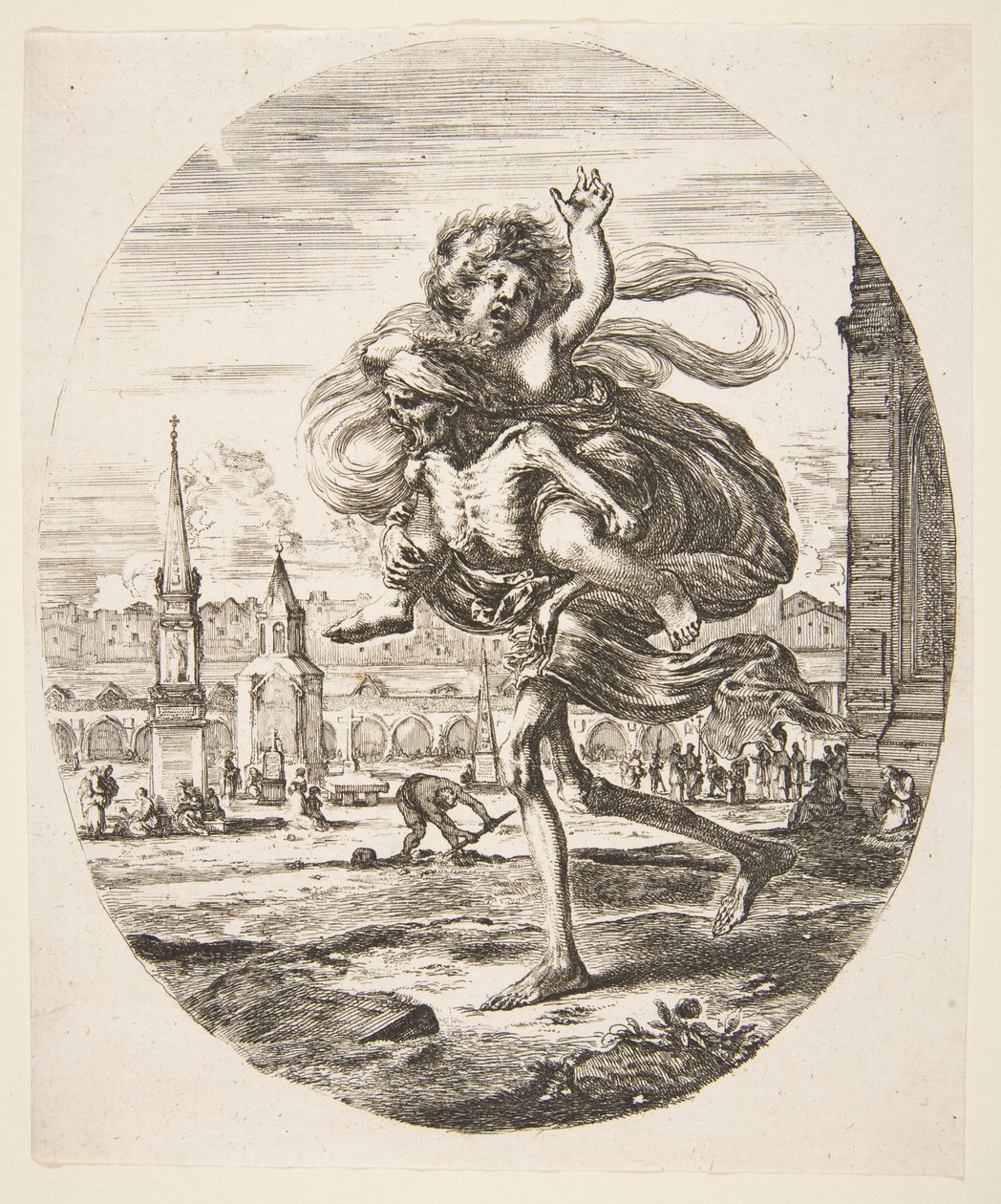 एक बच्चे को ले जाने से हुई मौत, पांच मौतें लेस सिनक मॉर्ट्स, ca. 1648। द्वारा स्टेफानो डेला बेला