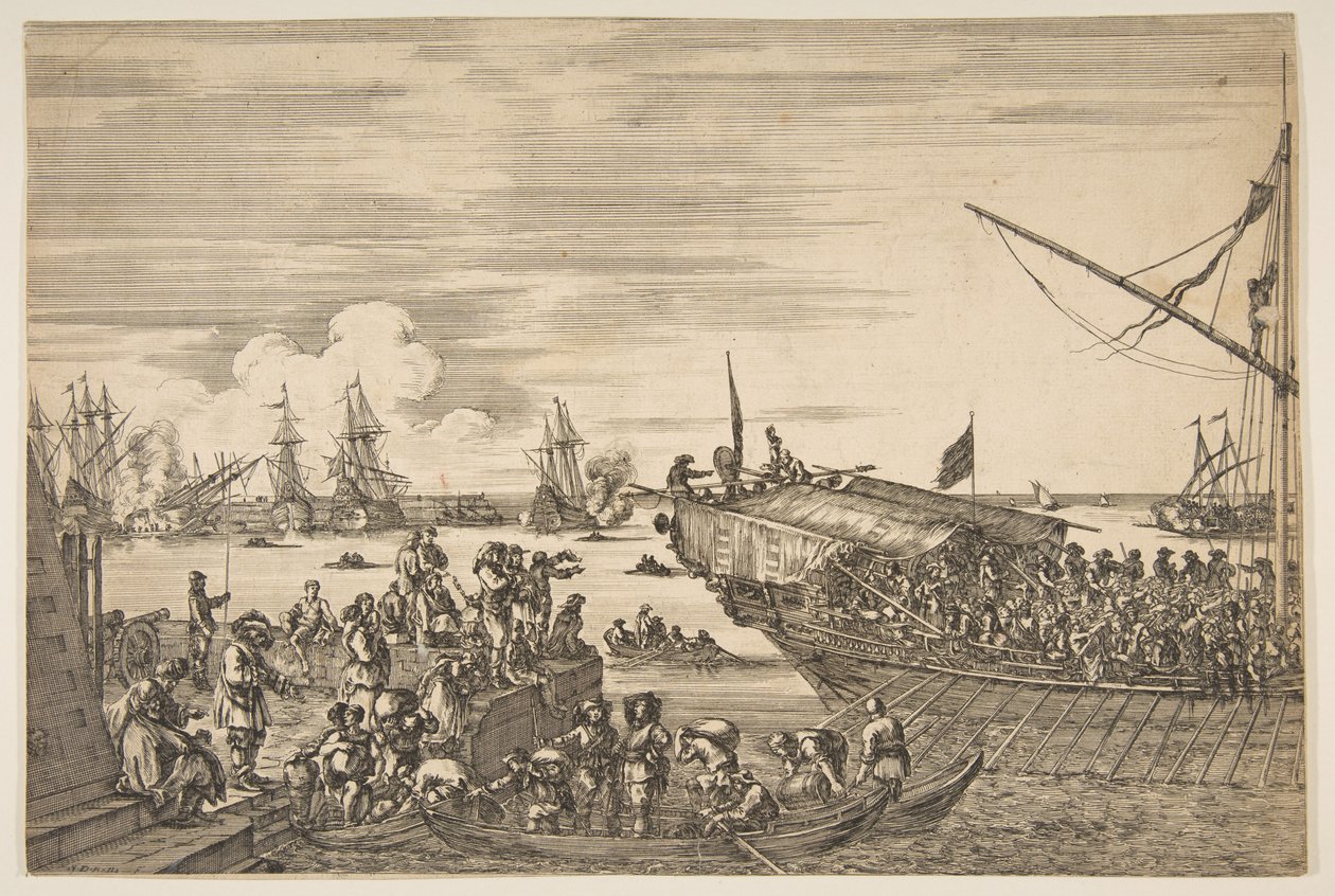 Livorno के बंदरगाह से एक गली की दूरी, Livorno के बंदरगाह के दृश्य से, ... 1654-55। द्वारा स्टेफानो डेला बेला