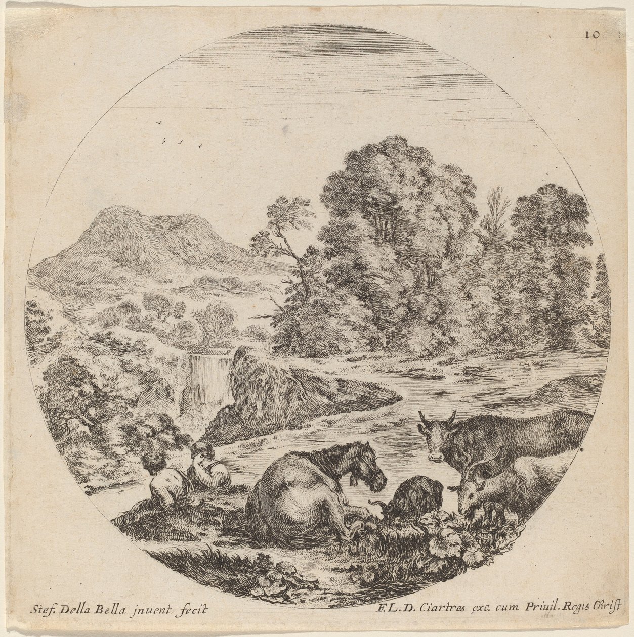 लैंडस्केप विद एनिमल्स एंड टू सीटेड शेफर्ड्स, 1646। द्वारा स्टेफानो डेला बेला