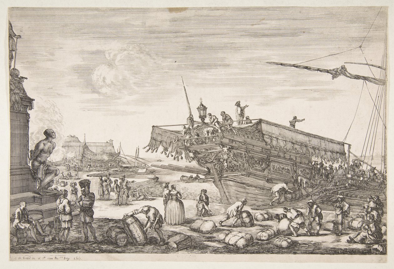 Livorno Vues du port de Livourne, 1654-55 के बंदरगाह के दृश्य से, गैली लोड हो रही है। द्वारा स्टेफानो डेला बेला