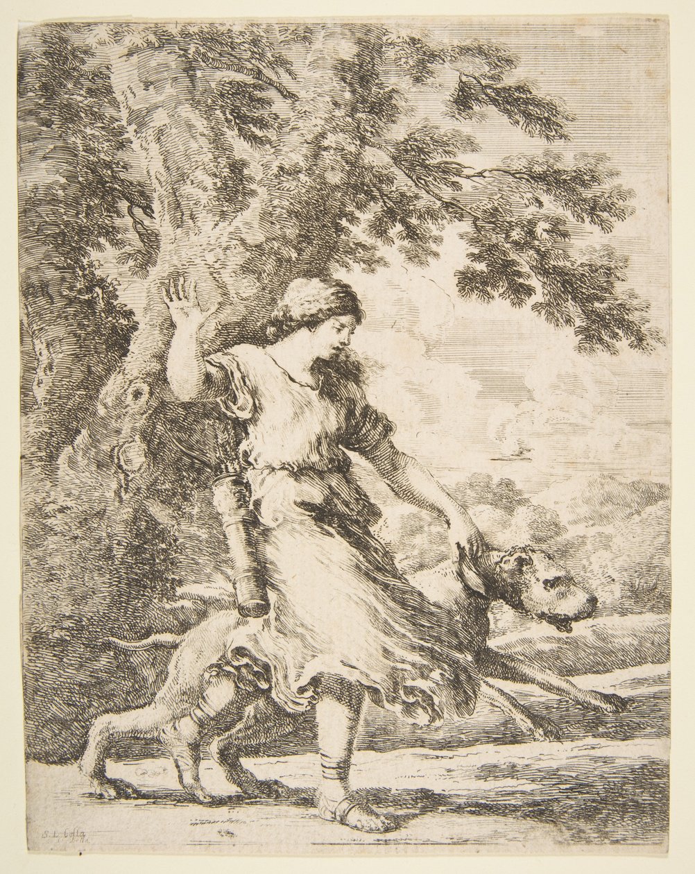 कॉलर द्वारा एक बड़े कुत्ते को पकड़े हुए अप्सरा, ca. 1654. द्वारा स्टेफानो डेला बेला