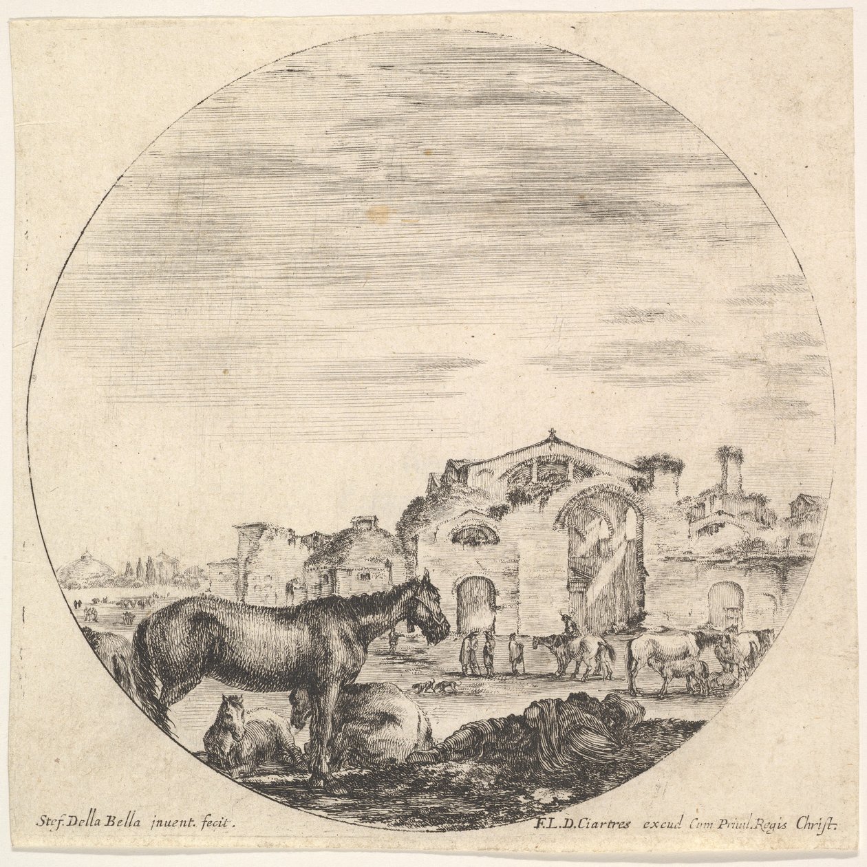 प्लेट 12: एक चरवाहा जमीन पर दाईं ओर सो रहा है, तीन घोड़े बाईं ओर, अन्य h..., ca. 1643-48। द्वारा स्टेफानो डेला बेला