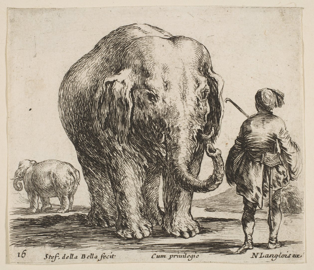 प्लेट 16: केंद्र में एक हाथी, दाई ओर खड़ा उसका ओरिएंट ..., ca. 1644-1647। द्वारा स्टेफानो डेला बेला