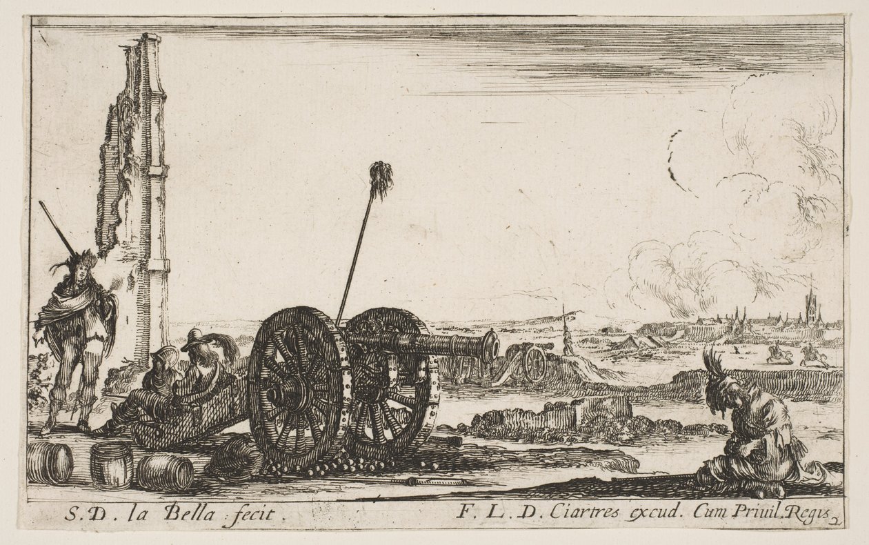 प्लेट 2: बाईं ओर एक तोप, बैकग्राउंड में एक शहर, विभिन्न मिलिट्री से ... ca, 1641। द्वारा स्टेफानो डेला बेला