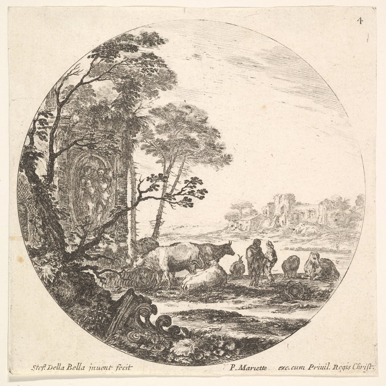 प्लेट 4: अग्रभूमि में बाईं ओर एक कोरिंथियन राजधानी, एक स्मारक w ..., ca. 1643-1648। द्वारा स्टेफानो डेला बेला