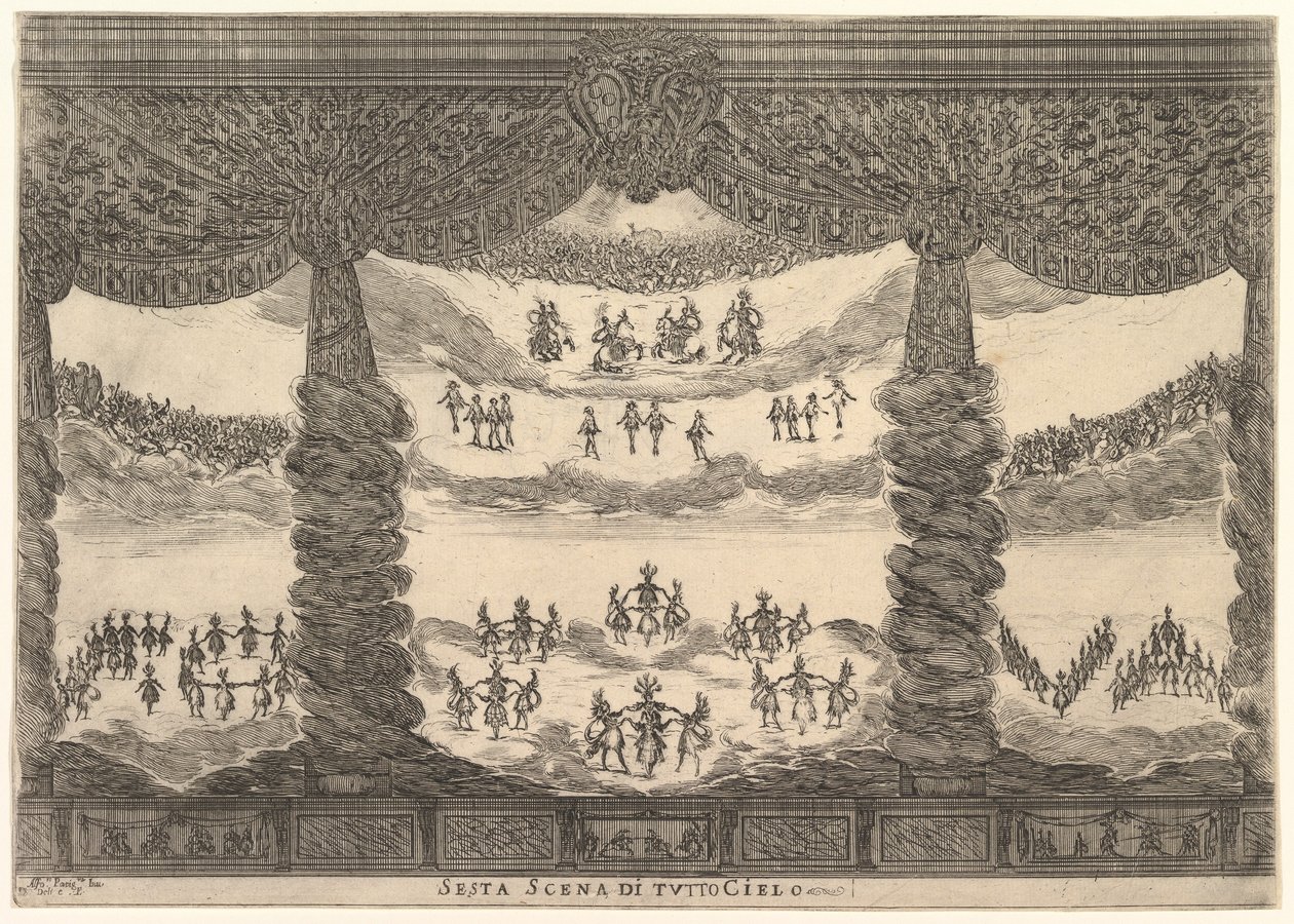 छठा दृश्य, आकाश, देवताओं की शादी से ले नोज़े दली देई, 1637। द्वारा स्टेफानो डेला बेला