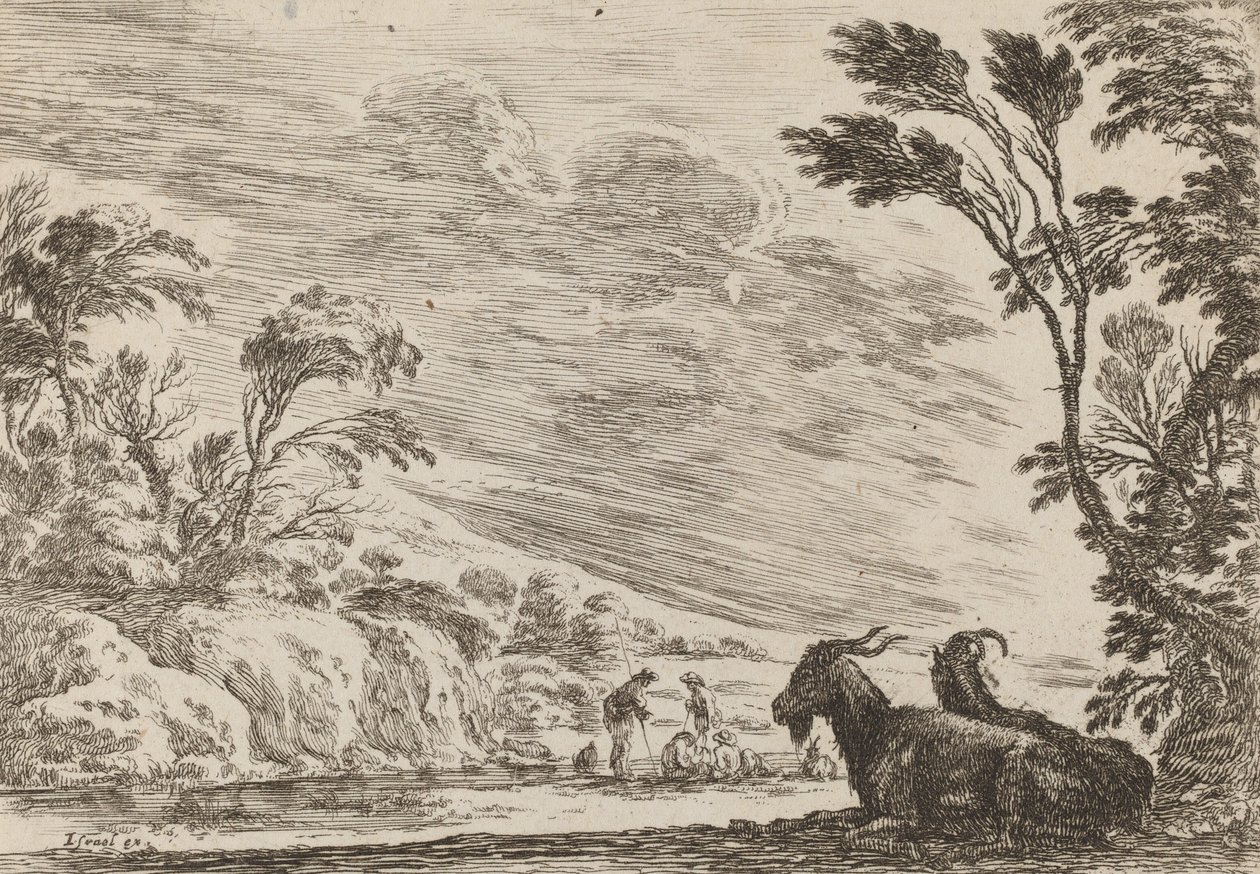 दो बकरियां लेटी हुई, 1642। द्वारा स्टेफानो डेला बेला