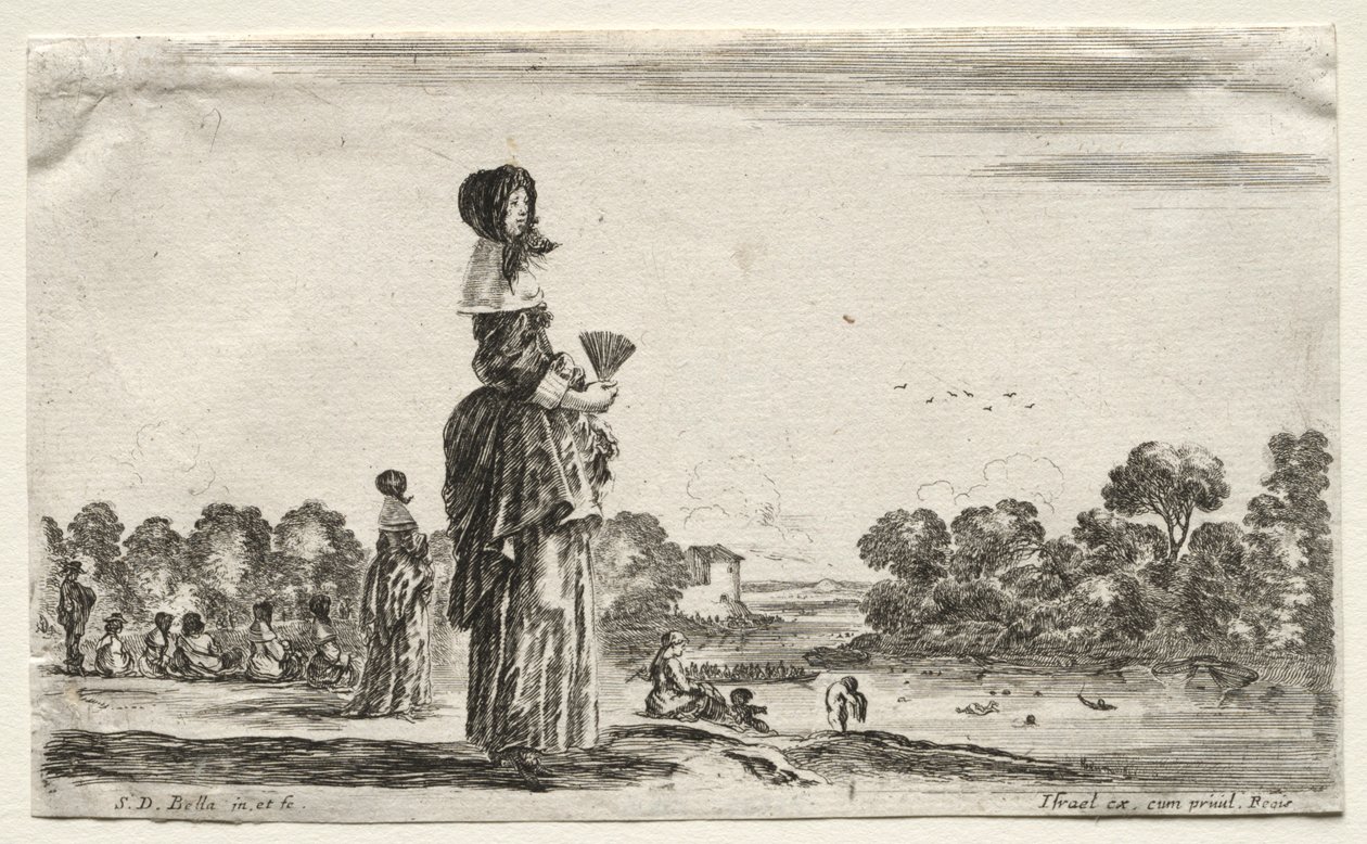 विभिन्न आंकड़े और परिदृश्य: एक नदी के किनारे स्नान करने वाली महिलाएं, 1649। द्वारा स्टेफानो डेला बेला