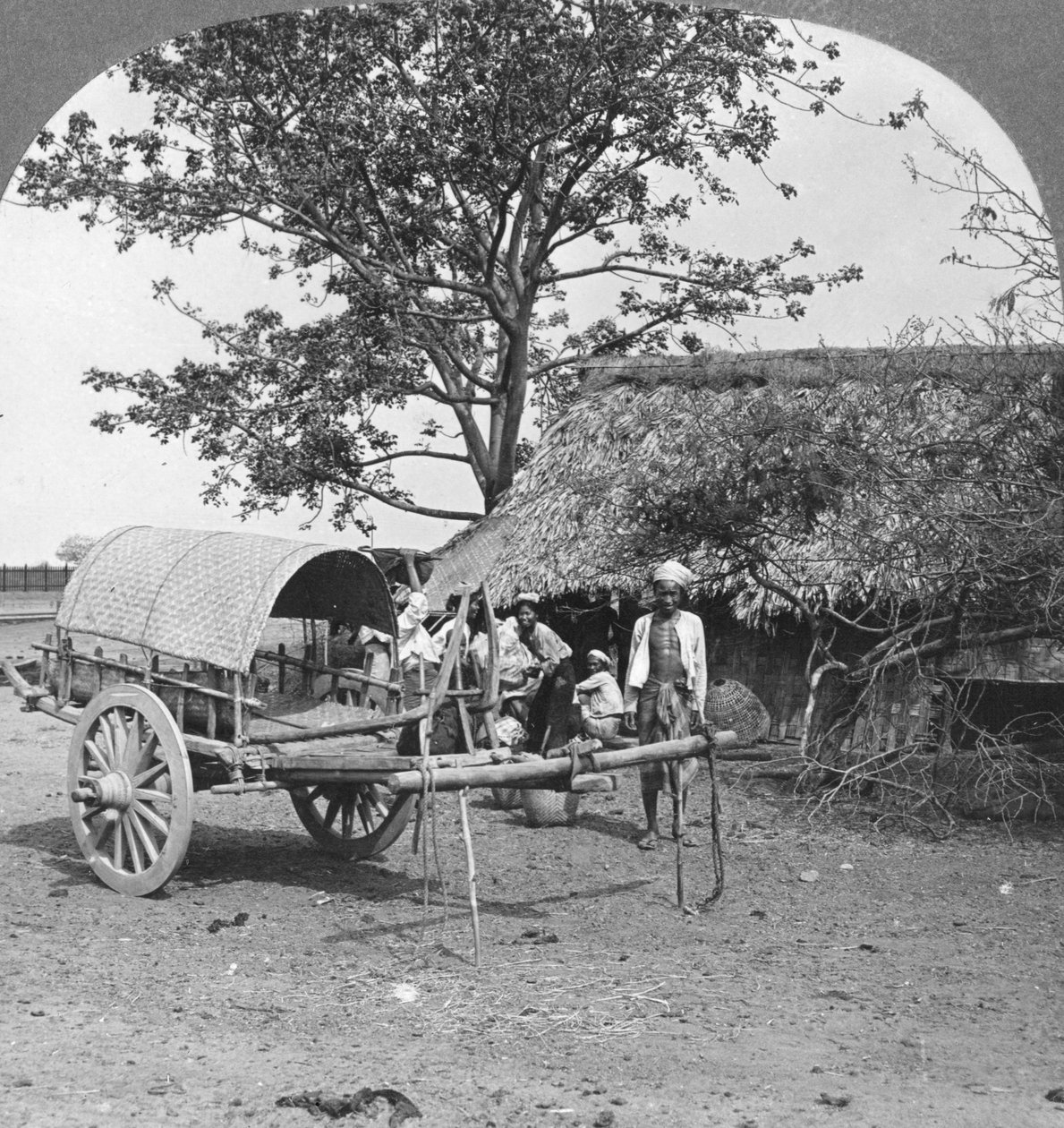 बांस और पत्तियों से बना गाँव घर, बर्मा, 1908। द्वारा स्टीरियो यात्रा सह