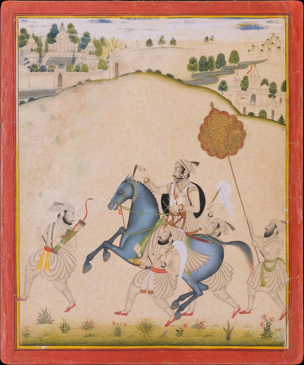 जोधपुर के घोड़े पर सवार महाराणा अमर सिंह द्वितीय, सी. 1700-1710। द्वारा स्टिपल मास्टर