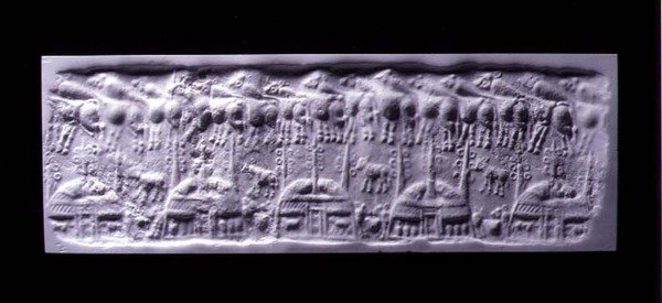 हैंडल्ड सिलेंडर सील इंप्रेशन, उरुक (अब वारका, इराक), c.3300-3000 ईसा पूर्व (प्लास्टर) द्वारा सुमेरियन सुमेरियन