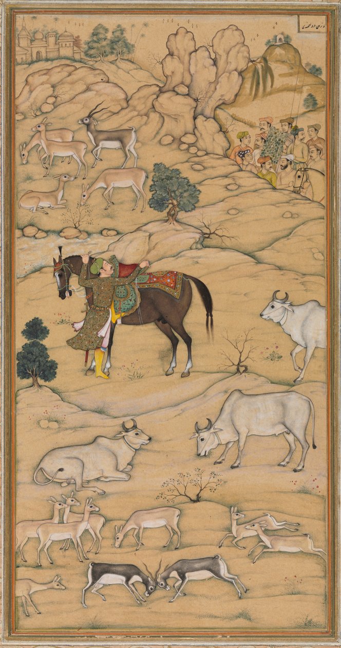 अकबर माउंटिंग हिज़ हॉर्स, चेस्टर बीट्टी अकबर नामा हिस्ट्री ऑफ़ अकबर का पृष्ठ, 1605-07। द्वारा सुर दास गुजराती