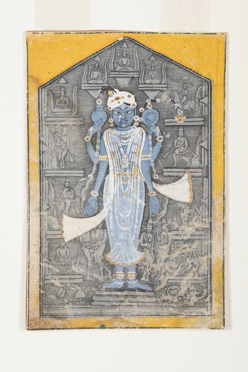 अपने अवतारों की बेस-राहत से घिरे विष्णु की एक छवि, c.1780 (कागज पर अपारदर्शी wc और सोना) द्वारा सूरधज नानग राम