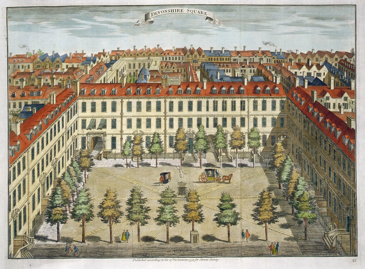 &39;स्टोव्स सर्वे ऑफ लंदन&39; के लिए डेवोनशायर स्क्वायर, पब 1754 द्वारा सटन निकोल्स