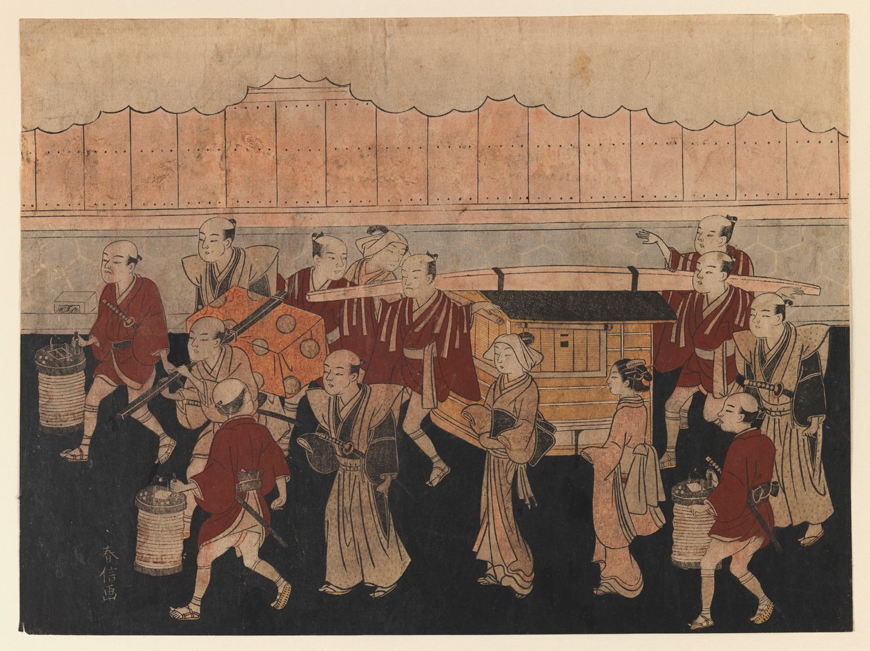 द ब्राइड्स ट्रिप टू द हस्बैंड हाउस, सीरीज़ द मैरिज सेरेमनी, c.1768 (कलर वुडब्लॉक प्रिंट) द्वारा सुज़ुकी हरुनोबु