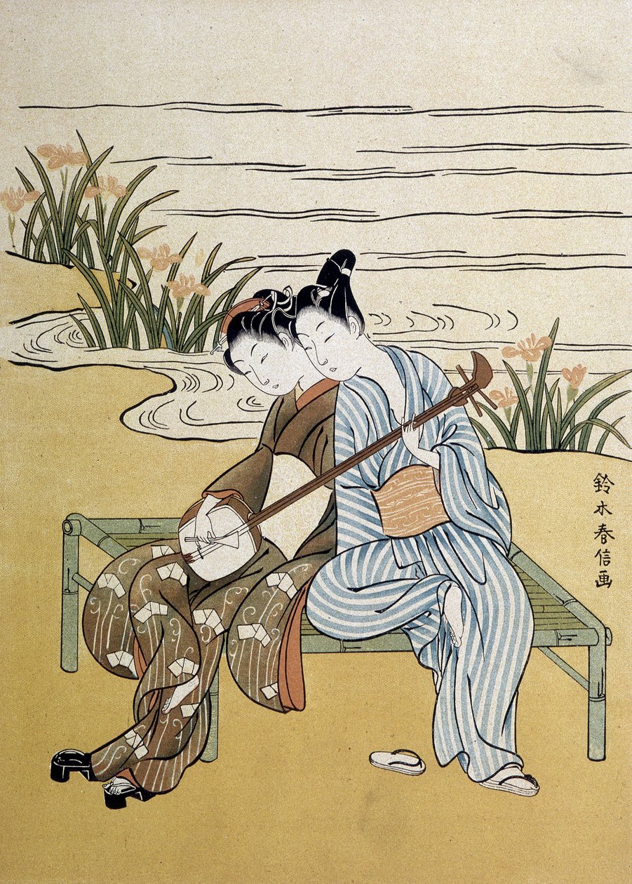 शमीसेन: युगल बजाते हुए शमीसेन (या सैमीसेन: तीन स्ट्रिंग्स के साथ लंबी आस्तीन का ल्यूट) - हारुनोबौ द्वारा, "जापान कलात्मक""" में, जुलाई १८९० द्वारा सुज़ुकी हरुनोबु