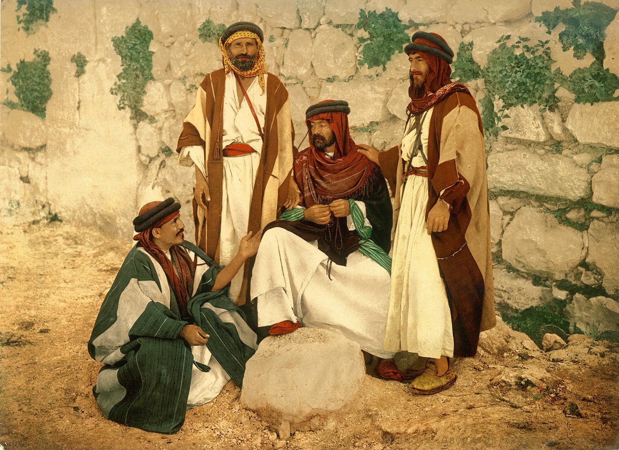 सिलोअम, यरूशलेम में चर्चा में किसानों का समूह, c.1880-1900 (फोटोक्रोम) द्वारा स्विस फोटोग्राफर