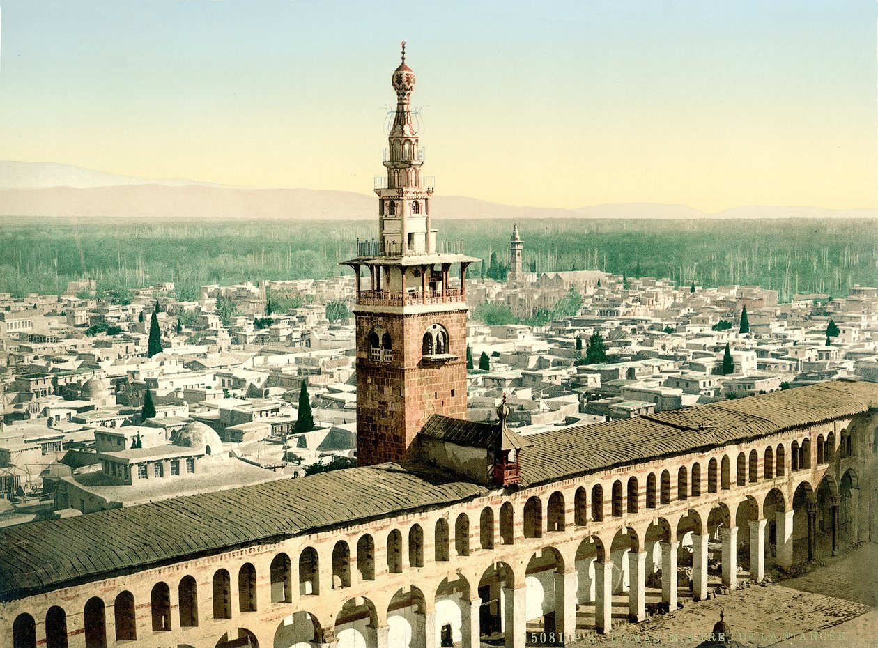 दमिश्क में द ग्रेट उमैयद मस्जिद के तथाकथित मिनार डे ला मंगेतर, c.1880-1900 (फोटोक्रोम) द्वारा स्विस फोटोग्राफर