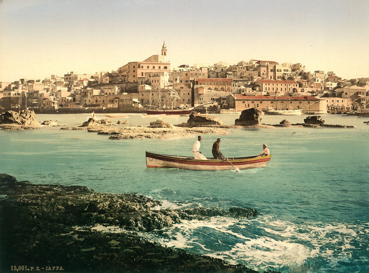 बैकग्राउंड में शहर के साथ जाफ़ा का हार्बर, c.1880-1900 (फोटोक्रोम) द्वारा स्विस फोटोग्राफर