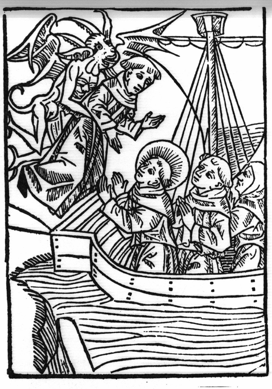 संत ब्रेंडन (ब्रैंडन), हेरोस और छठी शताब्दी के आयरिश संत की कथा। संत ब्रैंडन की प्रार्थना पापी साधु को बचाती है। "" डाई वंडरबेयर मीरफहर्ट डेस एचएल की नक्काशी। ब्रैंडन। ” गांठ द्वारा स्विस स्कूल