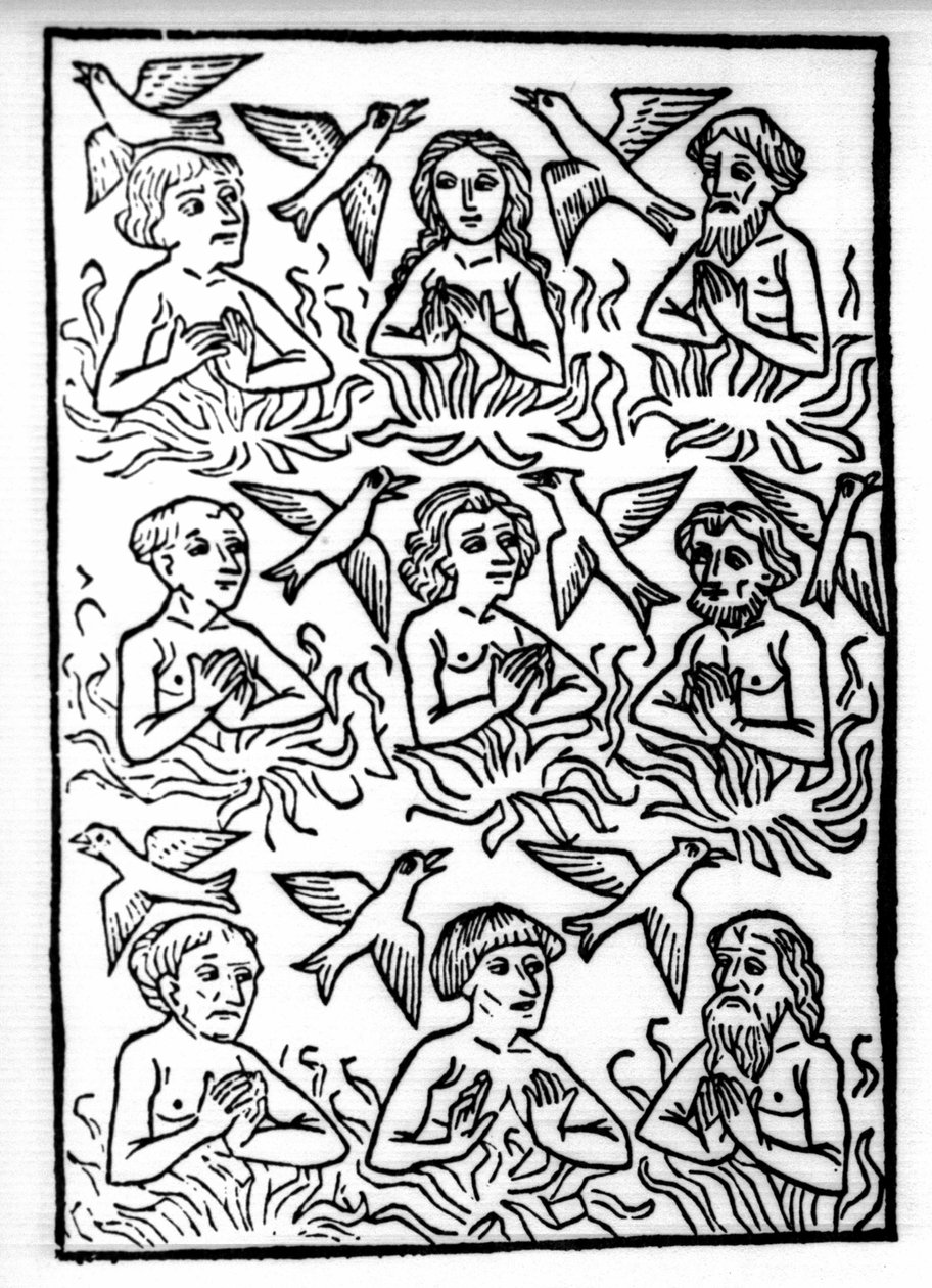 सेंट ब्रेंडन (ब्रैंडन), हेरोस और 6 वीं शताब्दी के आयरिश संत की कथा: द फायर ऑफ पर्गेटरी एंड द फायरबर्ड्स। "" डाई वंडरबेयर मीरफहर्ट डेस एचएल की नक्काशी। ब्रैंडन। ” गांठ द्वारा स्विस स्कूल