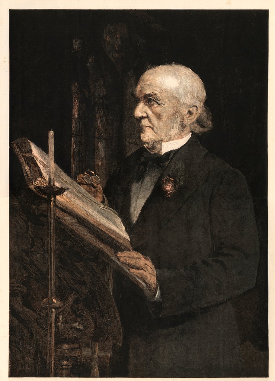 विलियम इवार्ट ग्लैडस्टोन (1809-1898) अंग्रेजी राजनेता, हॉवर्डेन चर्च में पाठ पढ़ते हुए। द्वारा हॉल के बाद सिडनी प्रायर