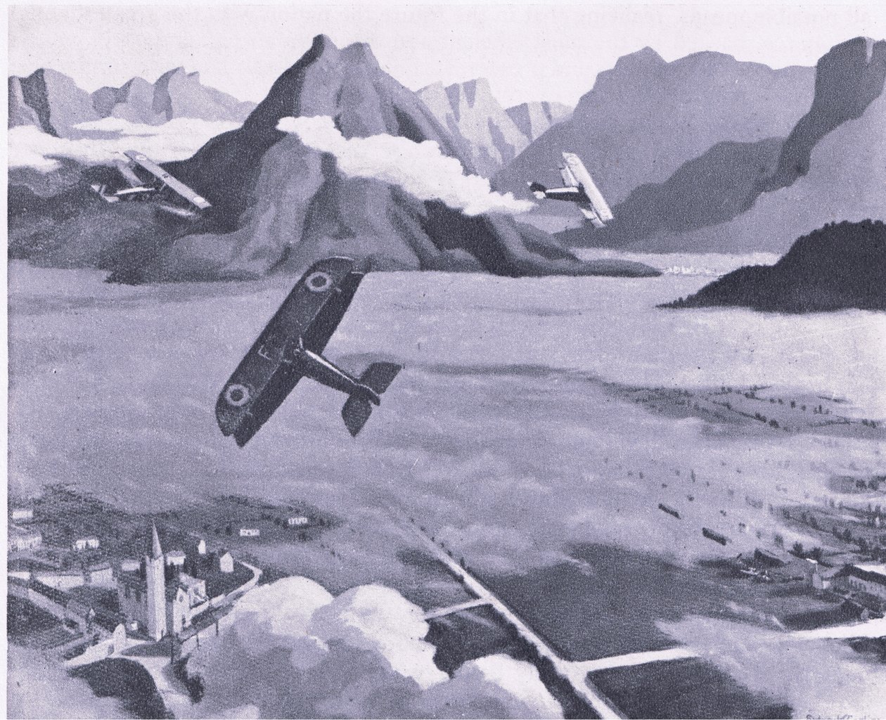 1947 में कोलिन्स द्वारा प्रकाशित ब्रिटिश एडवेंचर से इटली के असियागो पठार पर गश्त पर अपने एयरोड्रम को छोड़कर ब्रिटिश स्काउट्स द्वारा सिडनी कारलाइन