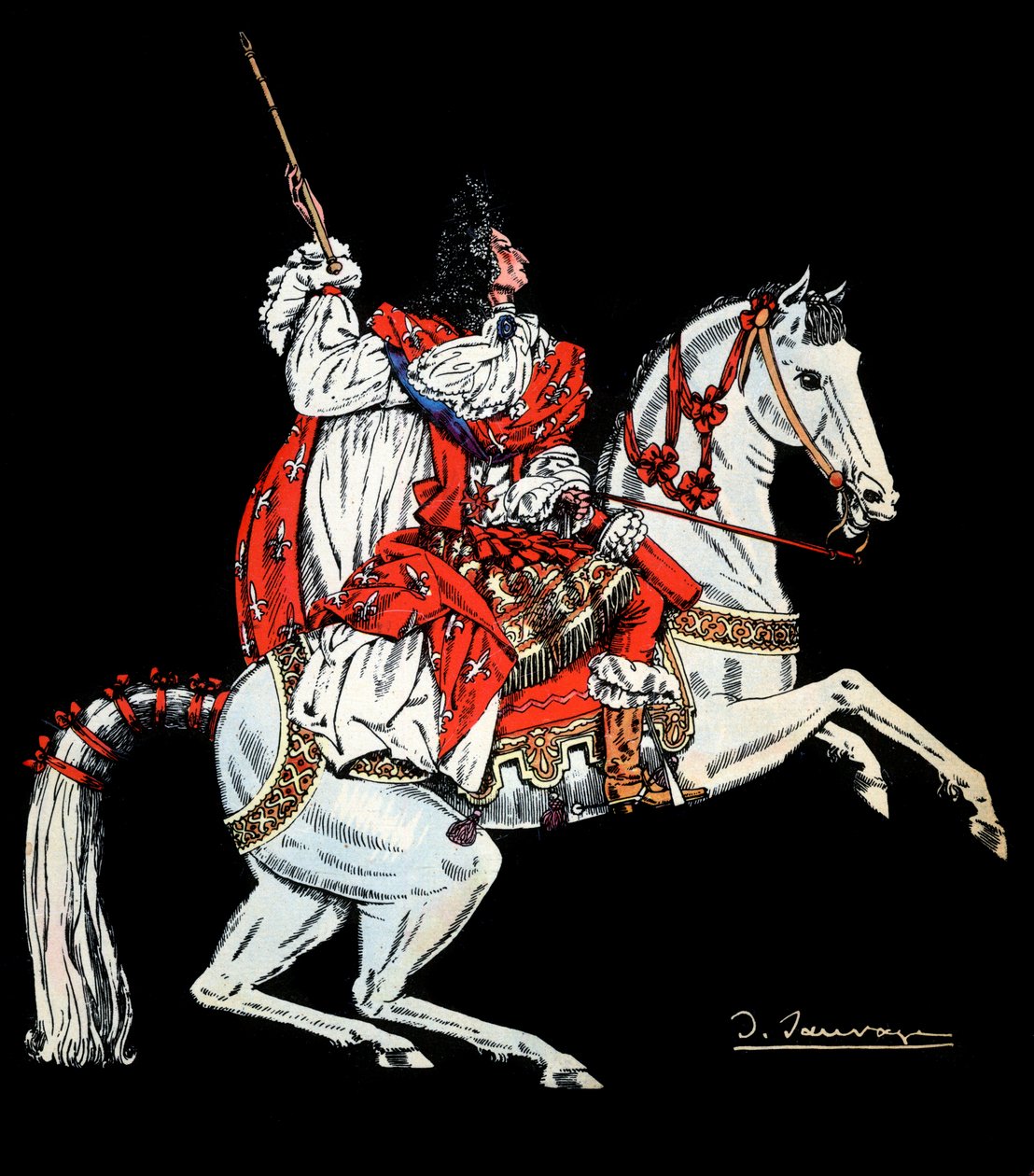 फ्रांस के राजा लुइस XIV (1638 -1715) के अश्वारोही चित्र - 1938 के फ्रांट्ज़ फंक-ब्रेंटानो (1862-1947) की पुस्तक "लुई XIV" के लिए सिल्वेन सॉवेज (1888-1948) का चित्रण - ध्यान! थी का उपयोग द्वारा सिल्वेन सॉवेज
