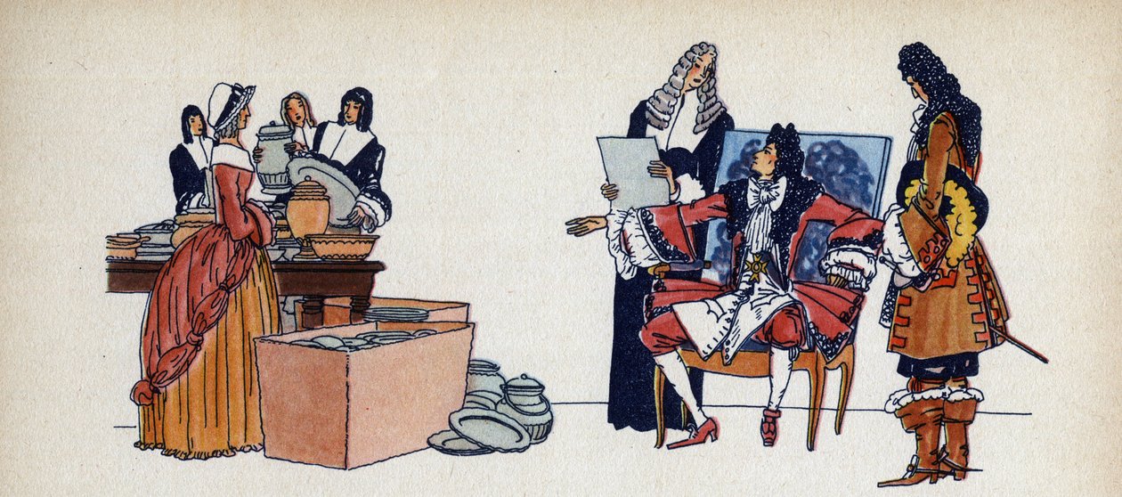 लुई XIV ने 1938 के फ्रांत्ज फंक-ब्रेंटानो (1862-1947) की पुस्तक "लुई XIV" के लिए सिल्वेन सॉवेज (1888-1948) द्वारा अपना गोल्डन टेबलवेयर - चित्रण करने के लिए भेजा। इस कार्य का उपयोग सबजेक हो सकता है द्वारा सिल्वेन सॉवेज