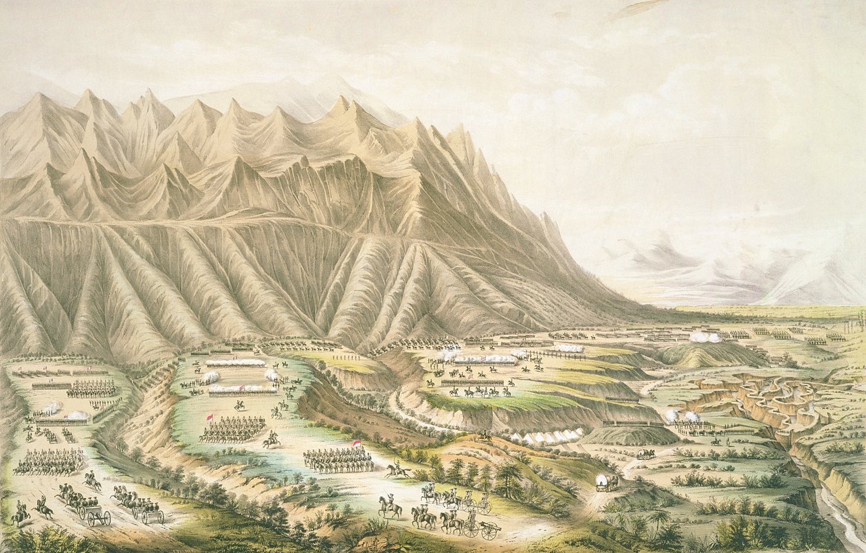 Buena Vista की लड़ाई, युद्ध के मैदान और &39;Angostura&39; की लड़ाई Buena Vista, मैक्सिको के पास लड़ी गई, 23 फरवरी 1847 (रंग लिथो) द्वारा टी। पामर
