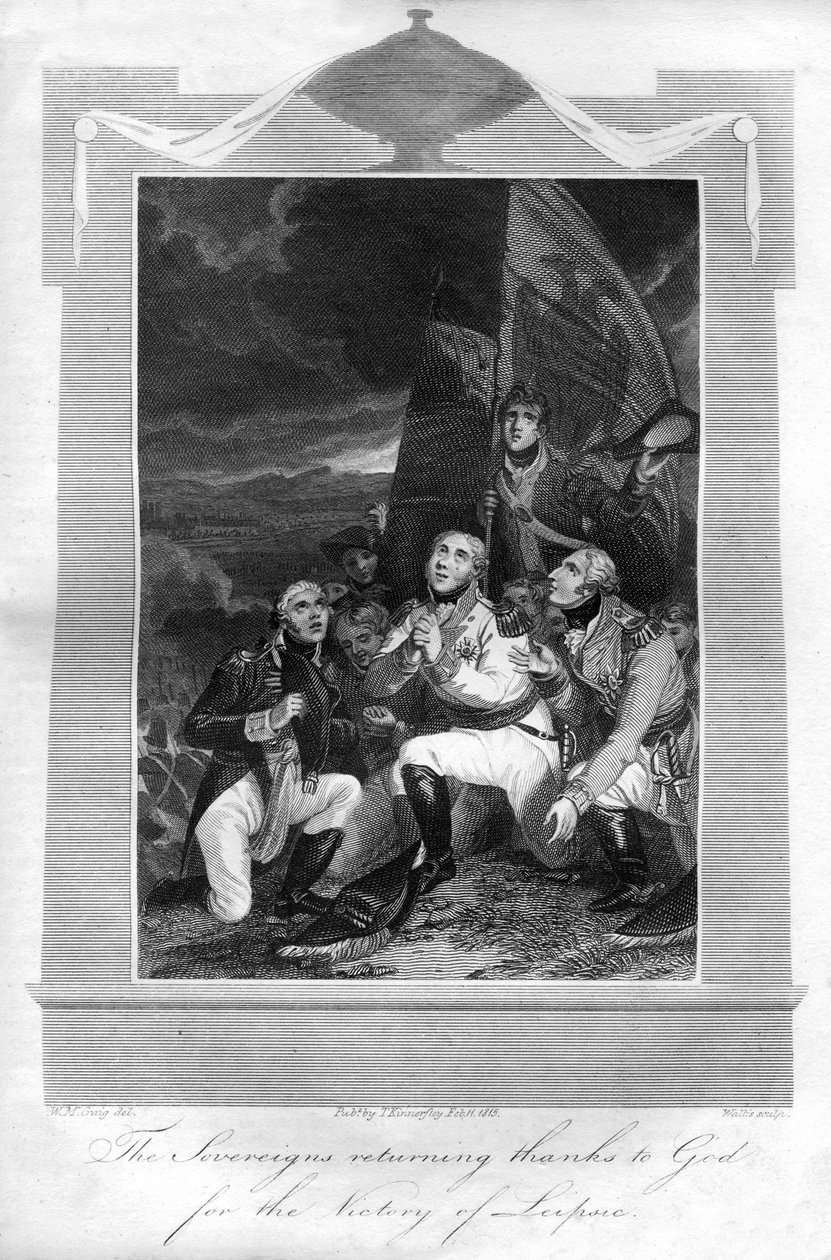 लाइपजिग, 1816 की जीत के लिए ईश्वर का धन्यवाद करते हुए संप्रभु लोग लौट रहे थे। द्वारा टी। वालिस