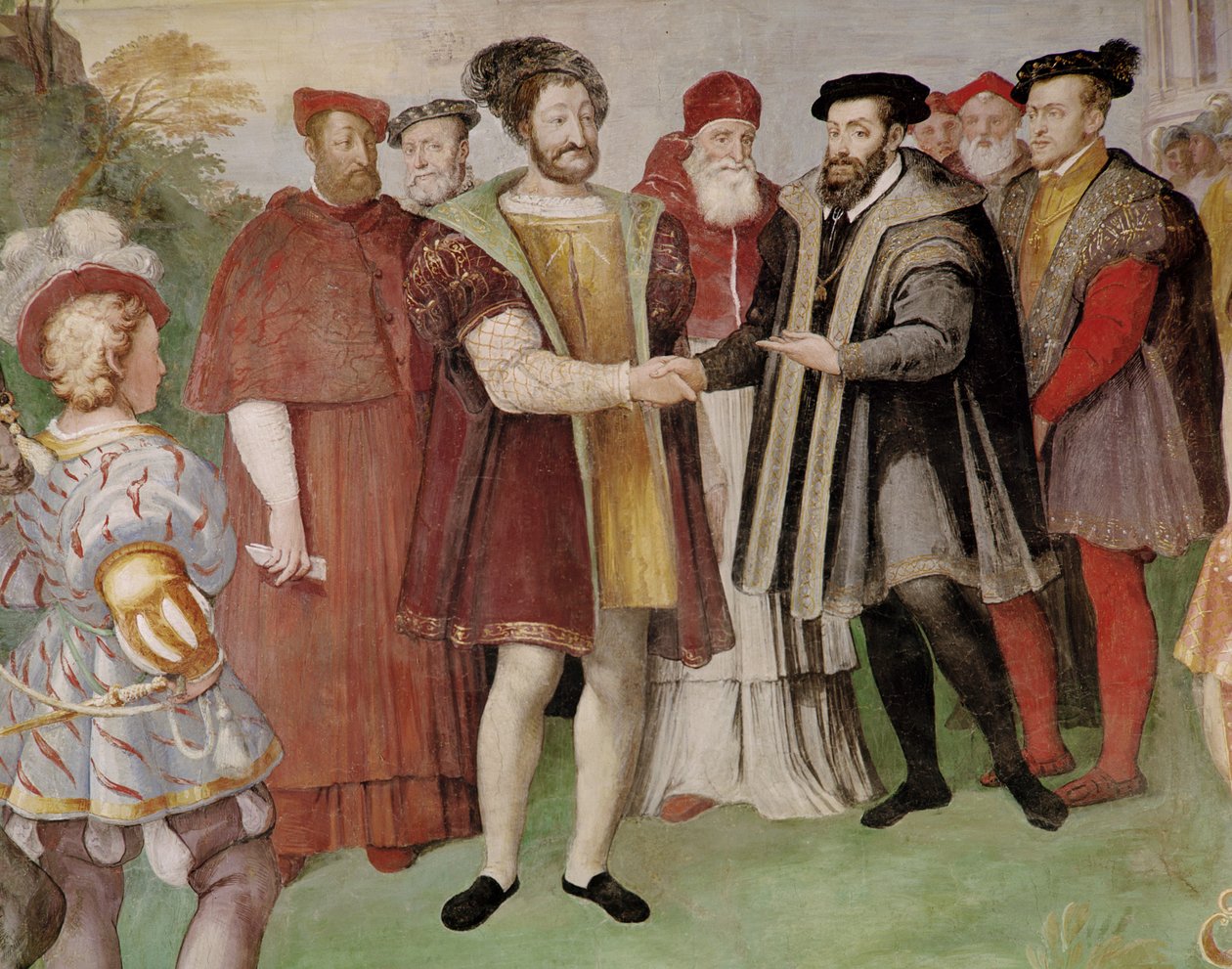 फ्रांसिस I (1494-1547) और चार्ल्स वी (1500-58) के बीच &39;साला डेल कंसीगलियो ट्रेंटो&39; (133346 का विवरण) द्वारा फेडेरिको ज़ुकारो