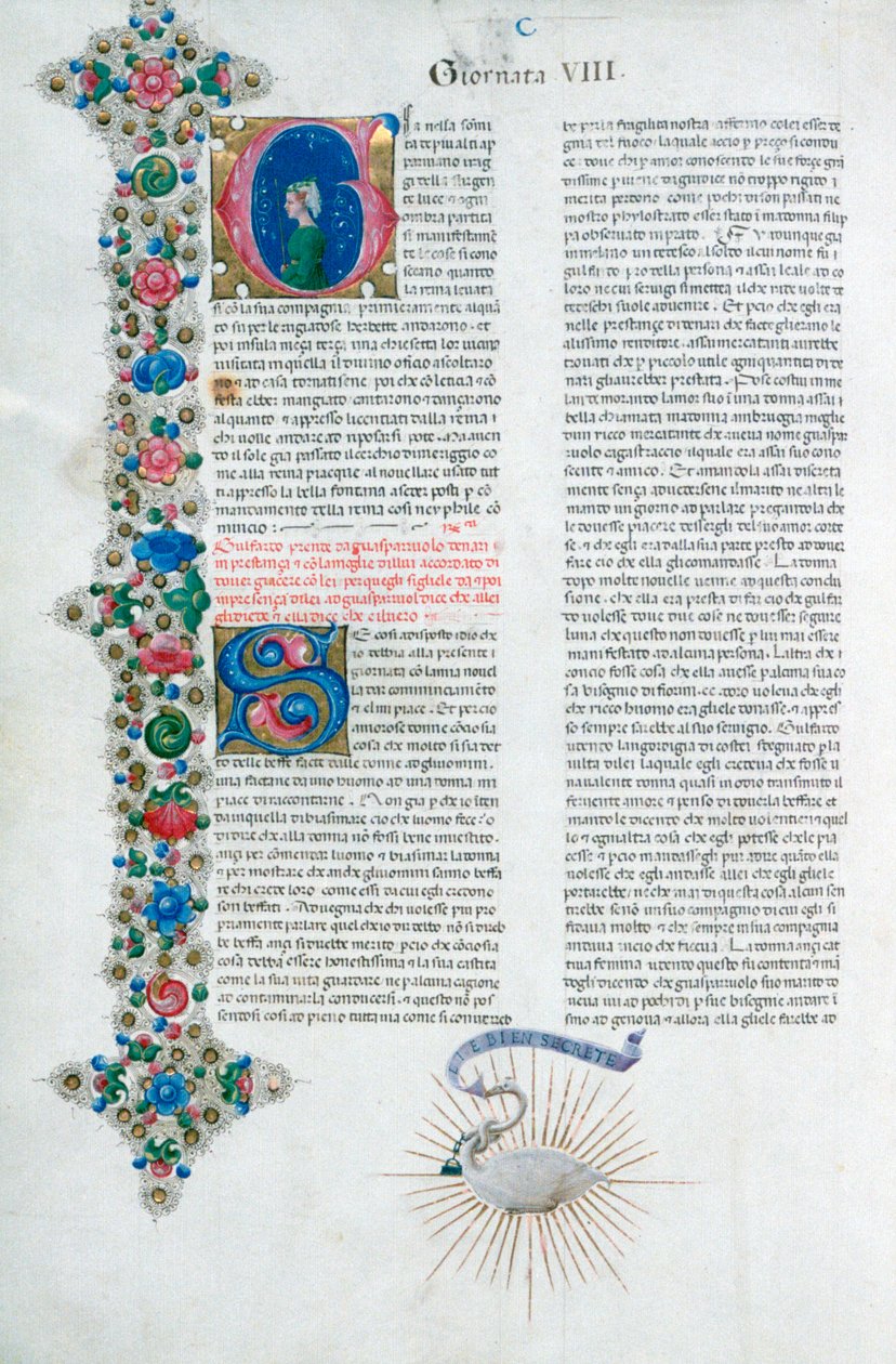 डेकोएरन से प्रकाशित पांडुलिपि पृष्ठ, जियोवन्नी बोकाशिको, इतालवी, c1467 द्वारा। द्वारा तदेदेव क्रिवल्लि
