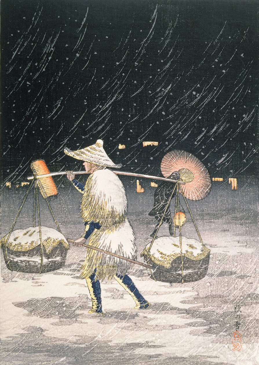 नाइट स्नो, c.1930s (कलर वुडब्लॉक प्रिंट) द्वारा ताकाहाशी हिरोकी