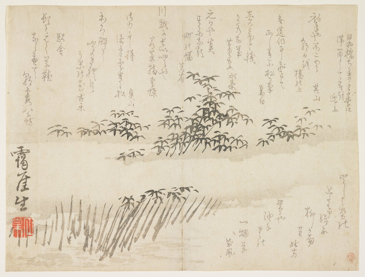 बर्फ में बांस, c.1830-43 (वुडब्लॉक प्रिंट) द्वारा तकाकु आइगै