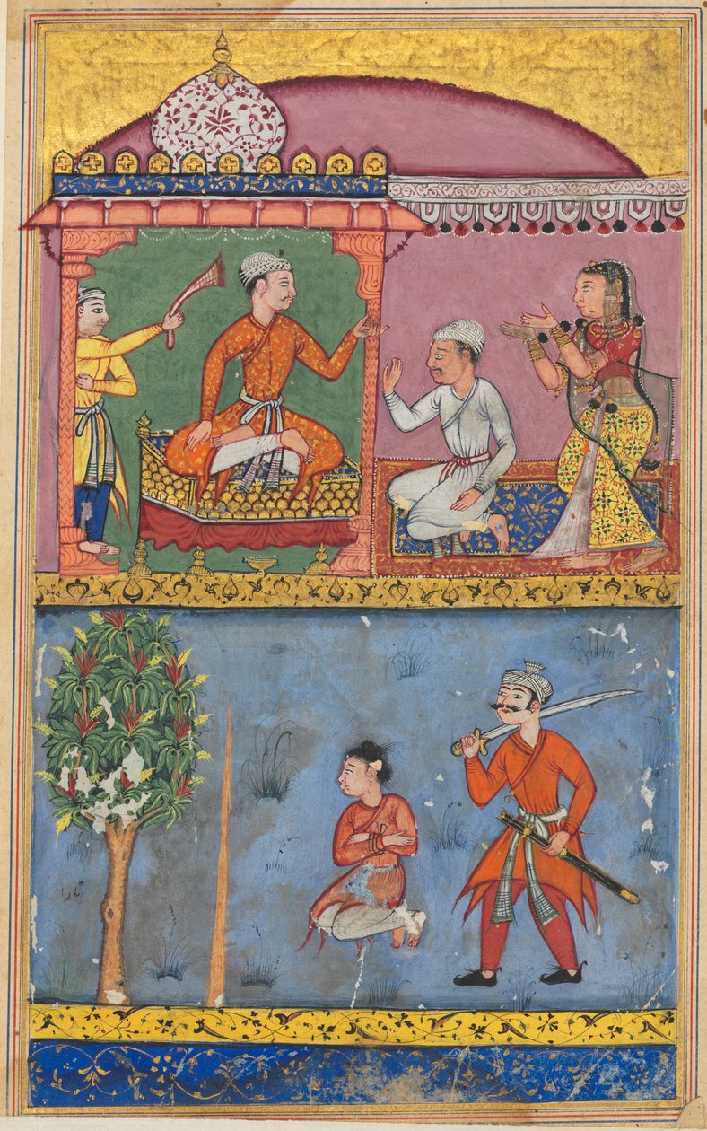टेल्स ऑफ़ ए पैरट टुटी-नामा का पेज: आठवीं रात: दासी की अपील..., सी. 1560. द्वारा तारा चांडी
