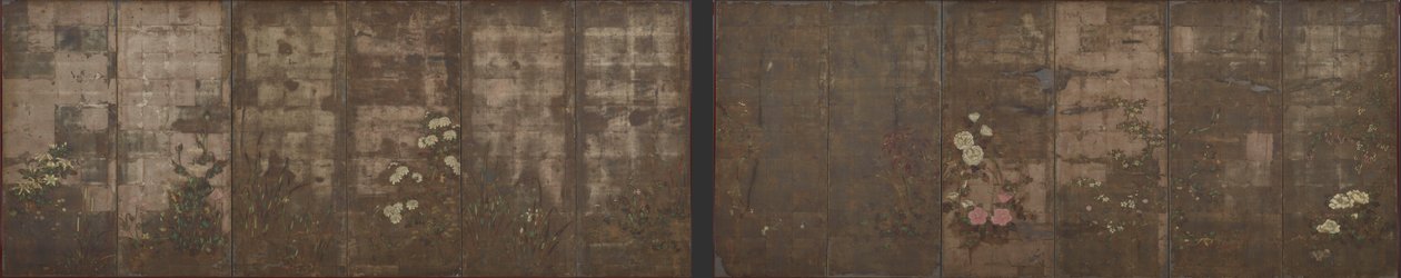 मौसम के फूल, स्क्रीन (छह-पैनल), 1600-1630 (कागज पर चांदी पर रंग) द्वारा तवरया सोतात्सु
