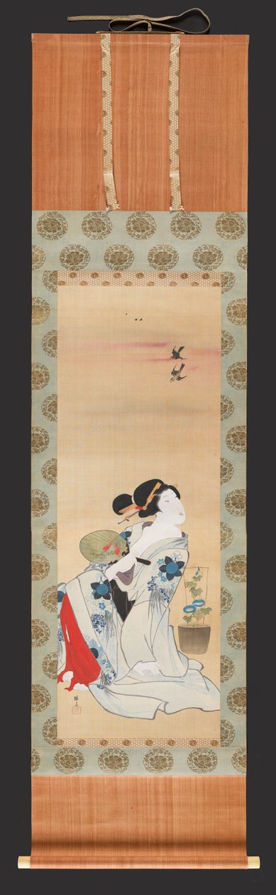 मॉर्निंग ग्लोरी के बर्तन के पास बैठी पंखा थामे सौंदर्य, c.1830-44 (रेशम पर स्याही और रंग) द्वारा तिसै होकुबा