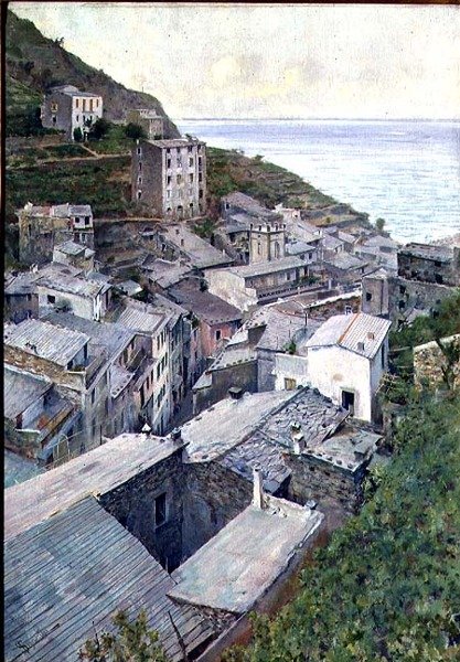 Riomaggiore में रूफटॉप्स (कैनवास पर तेल) द्वारा टेलीमाको सिग्नेरिनी