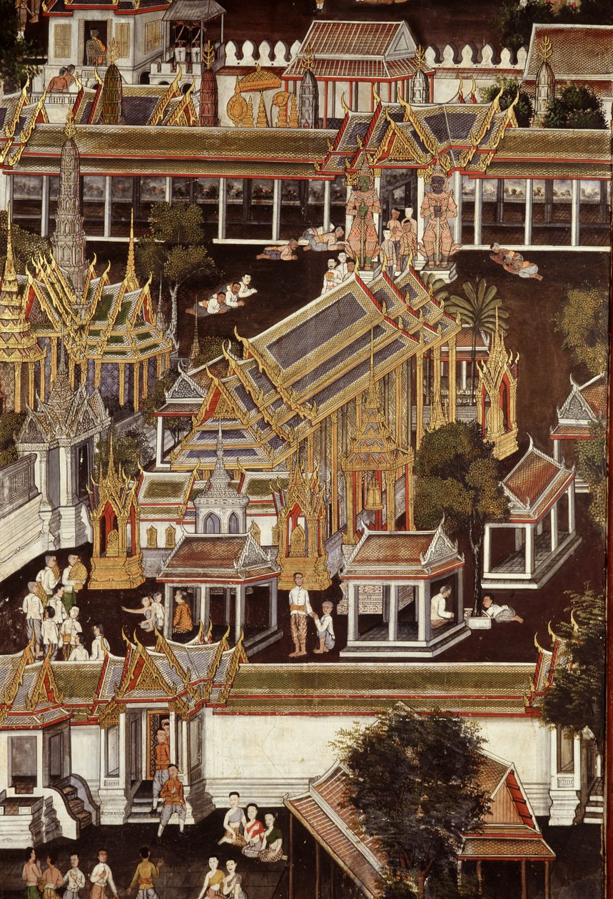 एमराल्ड बुद्ध के मंदिर का चित्रण करने वाली भित्ति का विस्तार (दीवार पेंटिंग) द्वारा थाई स्कूल