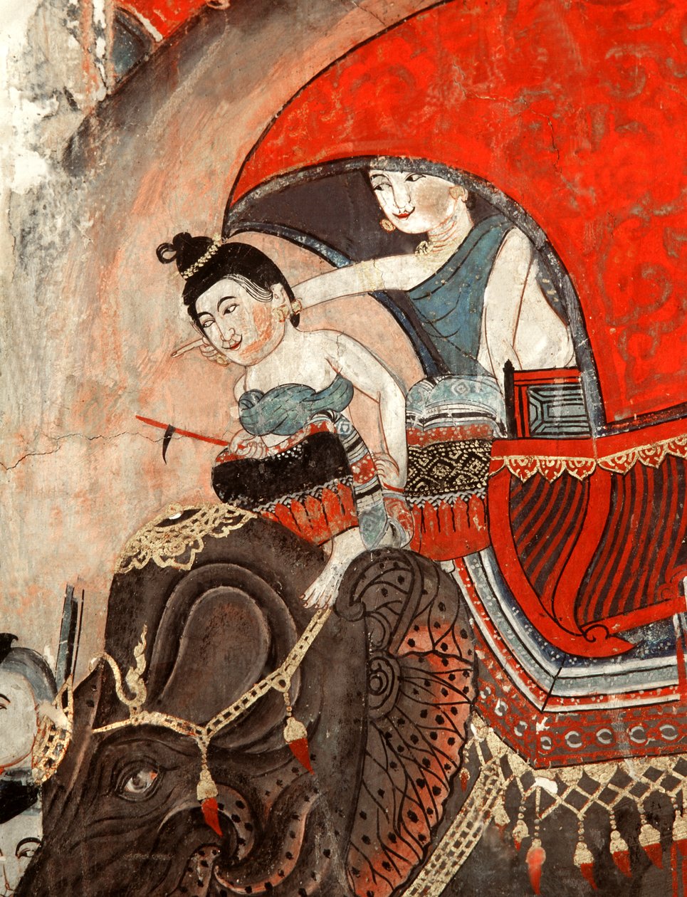 हाथी (भित्ति) पर सवार एक राजकुमारी और परिचारक द्वारा थाई स्कूल