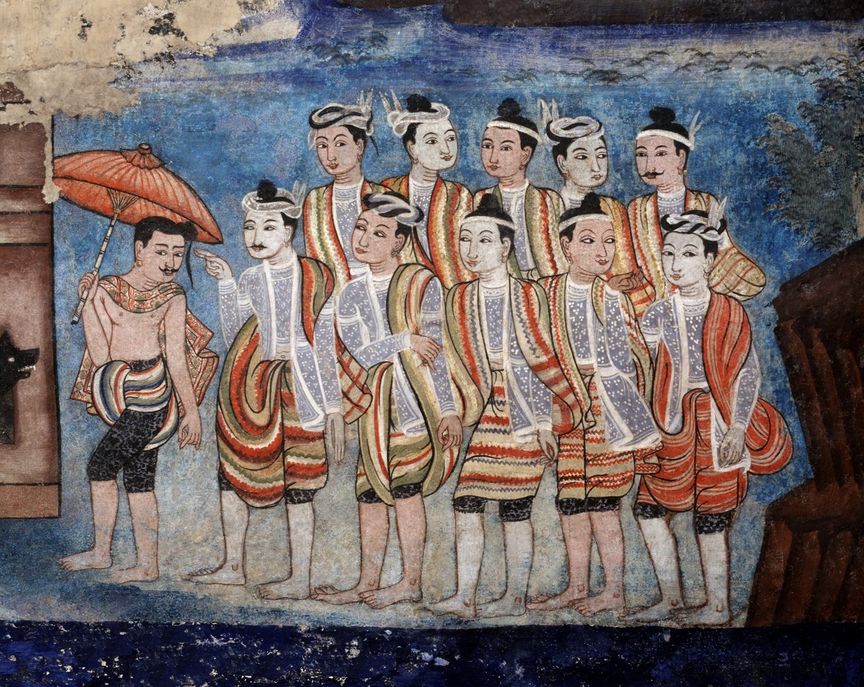 थाई यई (शान) पुरुषों का एक समूह, सांग थोंग टेल्स (भित्ति) का चित्रण विहारन लाईकम के भित्ति चित्र का विस्तार द्वारा थाई स्कूल