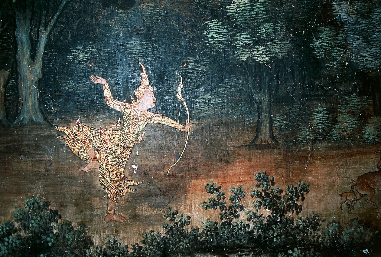 अप्सरा, बुद्ध के जीवन के दृश्यों के साथ भित्ति चित्र, वाट सुवान दाराराम, अयुत्या ऐतिहासिक पार्क (यूनेस्को विश्व विरासत सूची) द्वारा थाई स्कूल