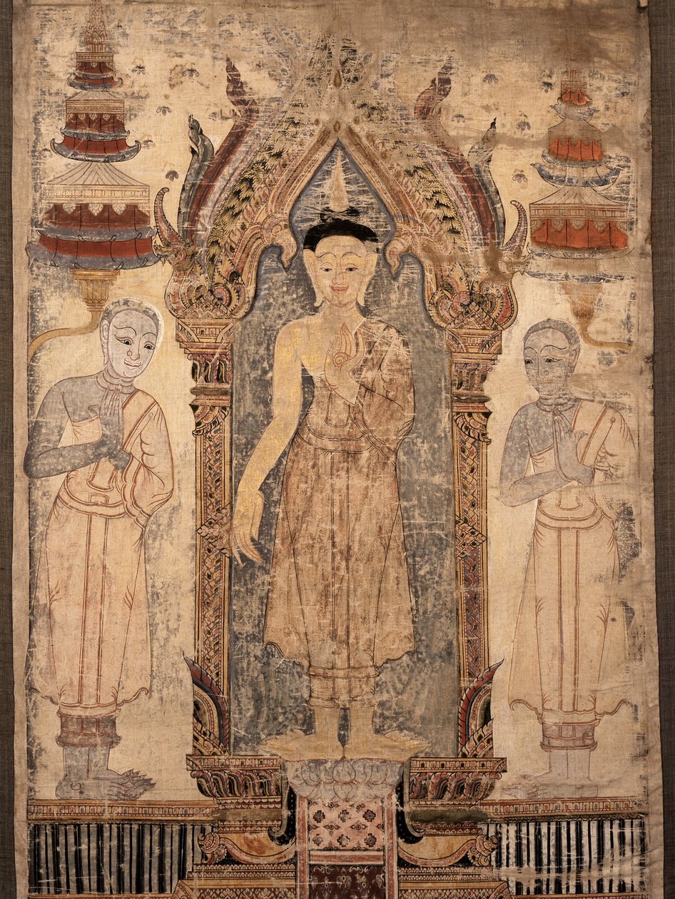 19 वीं शताब्दी की शुरुआत में (शिवलिंग पर चढ़े हुए) शिष्यों के साथ बुद्ध को चित्रित करते बैनर द्वारा थाई स्कूल