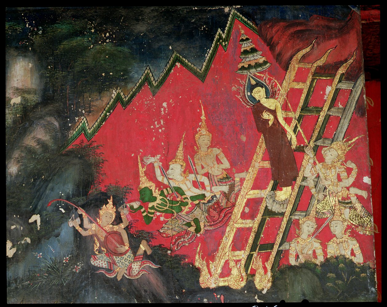 बुद्ध स्वर्ग से उतरते हुए (दीवार पेंटिंग) द्वारा थाई स्कूल