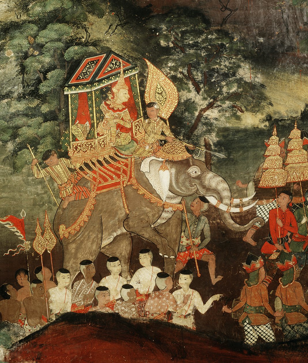 एक सफेद हाथी पर राजा वेसंतरा ब्राह्मणों से मिलता है, वेसंतरा जातक का दृश्य, 19 वीं शताब्दी की शुरुआत (चित्रित कपड़ा) द्वारा थाई स्कूल