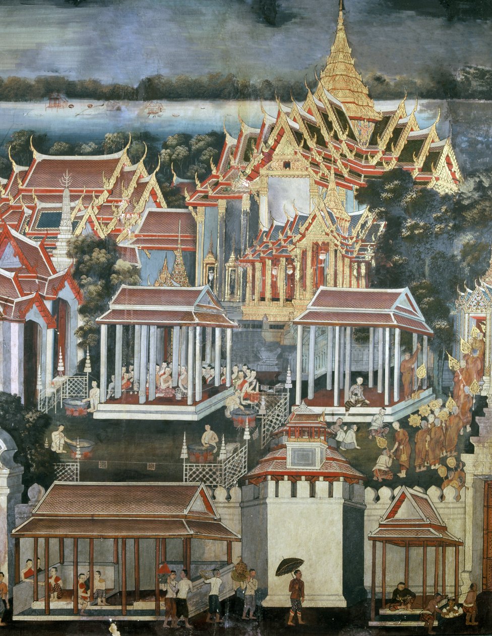 1864 के पन्ना बुद्ध मंदिर में भिक्षुओं को दी गई भेंट (दीवार पेंटिंग) द्वारा थाई स्कूल
