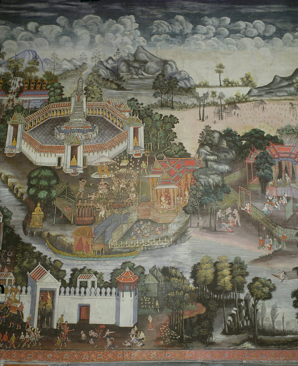 फित्सनुलोक शहर और बुद्ध की प्रतिमाओं के साथ फव्वारा, वाट बूननिवेट विहार, बैंकॉक द्वारा थाई स्कूल