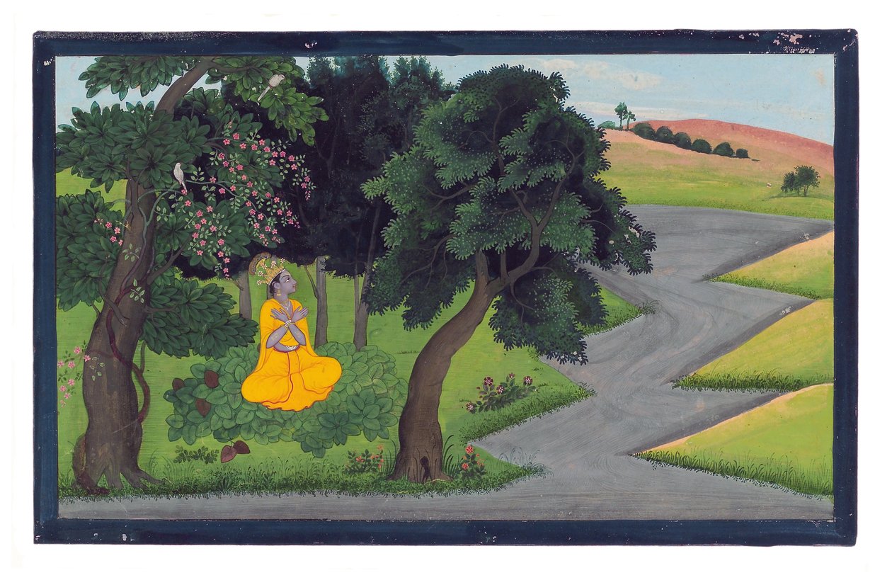 1775-1800 में &39;लव का सेक्रेड थिक&39; में उनकी प्रतीक्षा, (कागज़ पर अपारदर्शी wc und सोना) द्वारा नैनसुख का परिवार